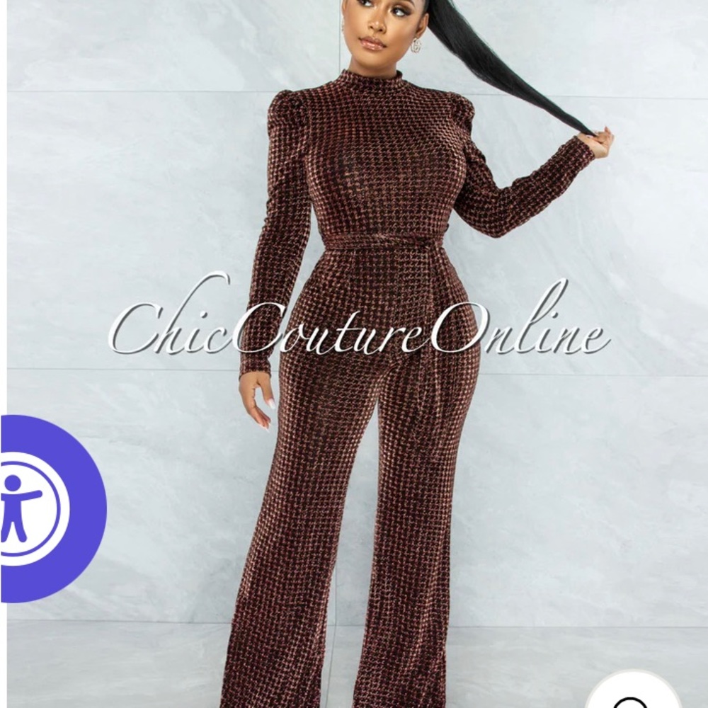 BLACK COPPER SHIMMER HOUNDSTOOTH PRINT SHEER JUMPSUIT